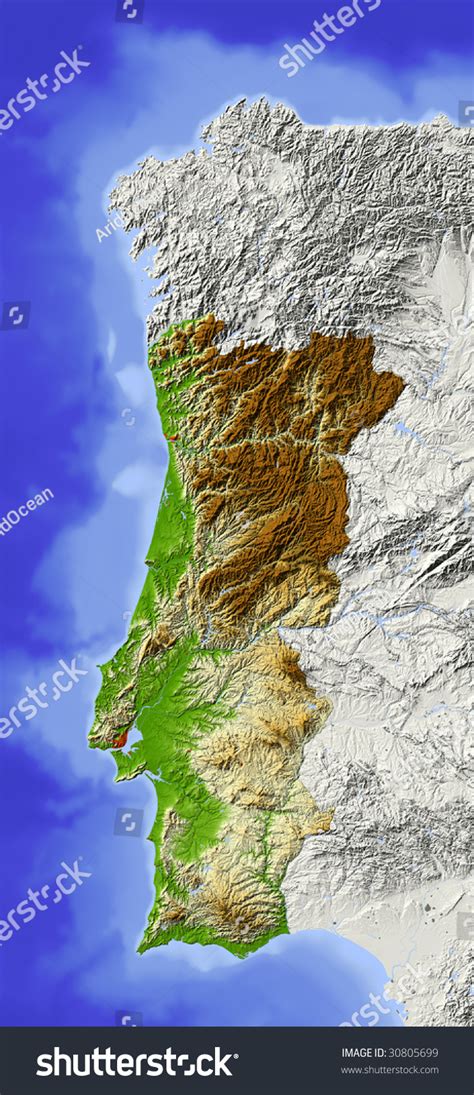 Portugal Shaded Relief Map Surrounding Territory Stock Illustration