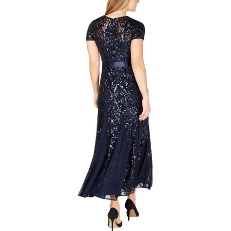 R M Richards Womens Navy Sequined Formal Evening Dress Gown Petites 4P