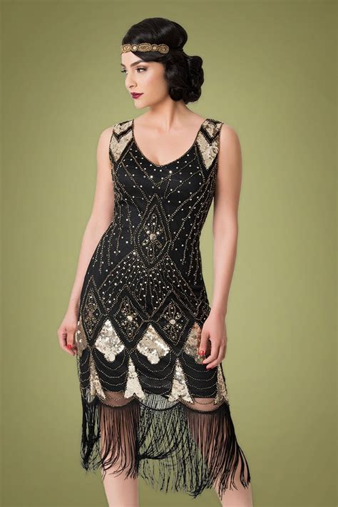 20s Lina Fringe Flapper Dress In Black And Gold