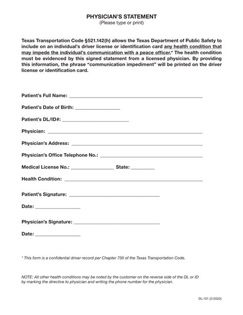 Form Dl 101 Download Fillable Pdf Or Fill Online Physicians Statement