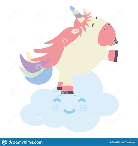 Cute Adorable Unicorn And Clouds Kawaii Fairy Characters Stock Vector