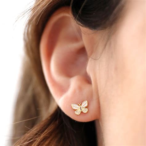 White Enamel Butterfly Stud Earrings In Gold Lisa Angel