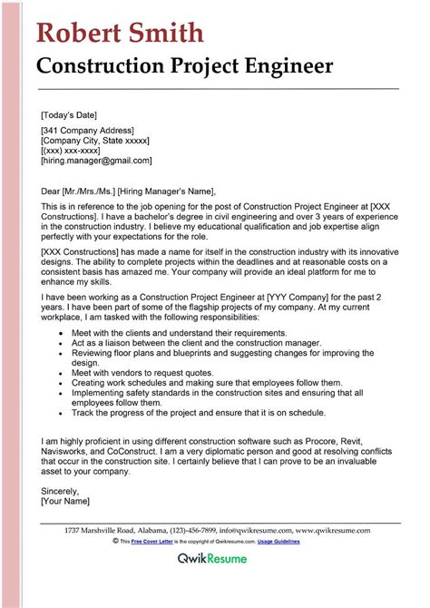 Construction Project Engineer Cover Letter Examples Qwikresume