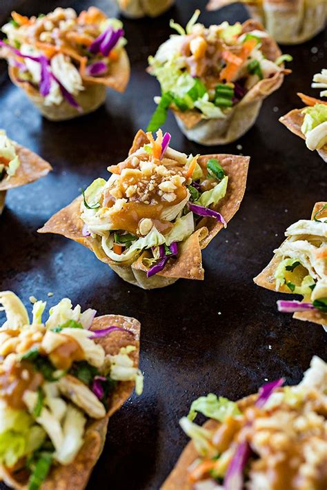 Thai Chicken Salad Wonton Cups With Peanut Sauce Dressing In 2020