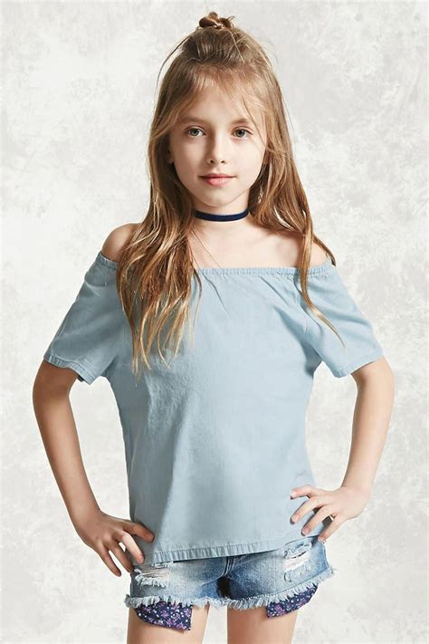 forever 21 girls a chambray top featuring an elasticized off the shoulder neckline and short
