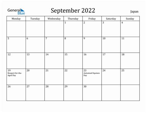 September 2022 Japan Monthly Calendar With Holidays