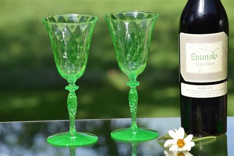 Vintage Green Diamond Optic Wine Glasses Set Of 3 Green Vaseline Wine Glasses Green