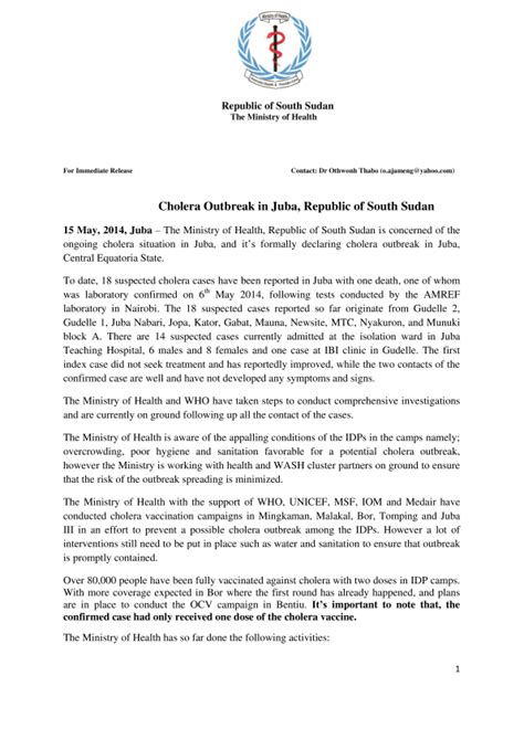 As a business owner, it is still one of the best ways to share your innovations, updates & other business news. Press Release on Cholera Outbreak in Juba, South Sudan ...
