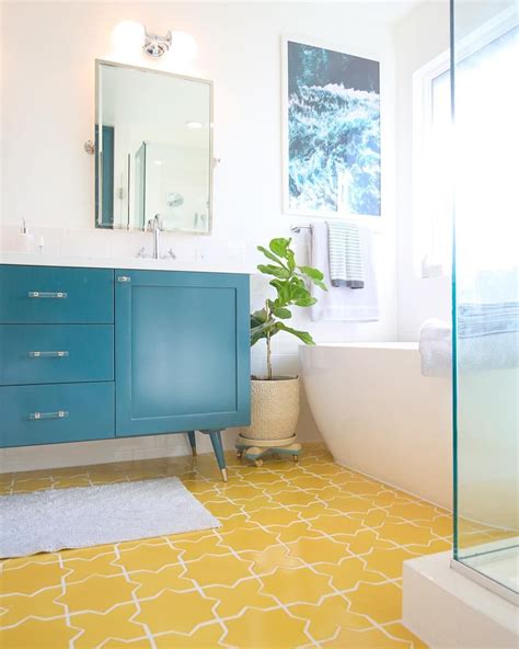 Teal Bathroom Vanity And Yellow Tile Floor Bright Bathroom Teal