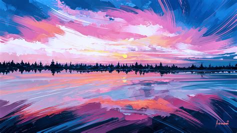 Wallpaper Painting Illustration Sunset Reflection Sky Artwork