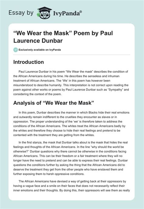 We Wear The Mask Poem By Paul Laurence Dunbar 1157 Words Essay