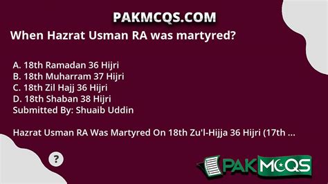 When Hazrat Usman Ra Was Martyred Pakmcqs