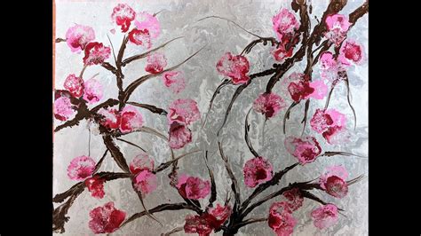 Blooming Cherry Blossom Sakura Acrylic Pouring Abstract Painting