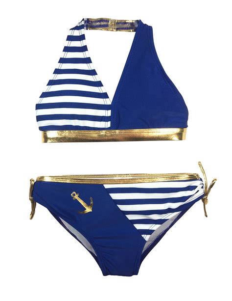 Jumpn Splash Girls Gold And Navy Sailor Bikini Swimsuit Wuv 50