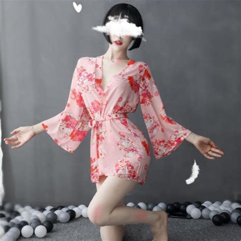 Sexy Lingerie Japanese Print Chiffon Corset Kimono Passion Uniform Suit Bathrobe Womens Clothing