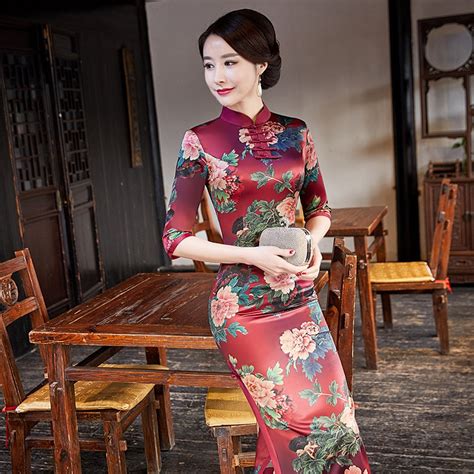 new vintage print floral traditional chinese women dress satin sexy ankle length qipao lady
