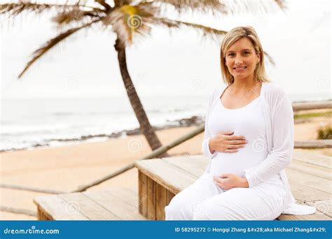 Pregnant Woman Relaxing Beach Stock Photo Image Of Blond Modern