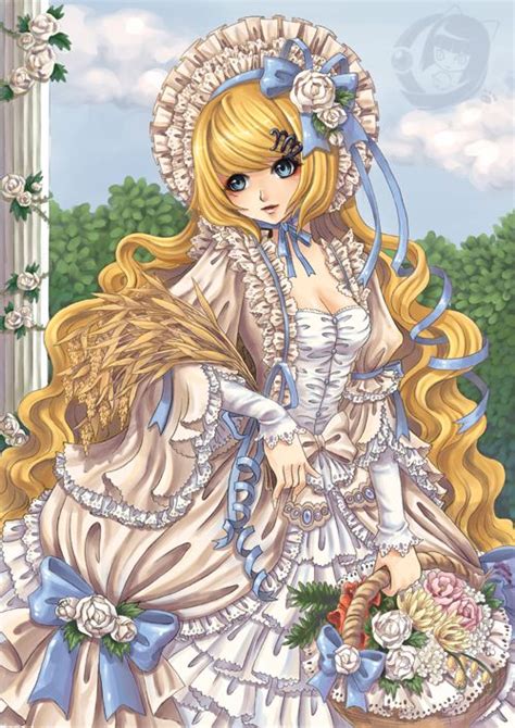 Basket Blondehair Blueeyes Bonnet Dress Flower Frills Gown Lolita