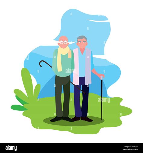 Happy Grandparents Day Two Old Men Grandfathers Outdoor Vector