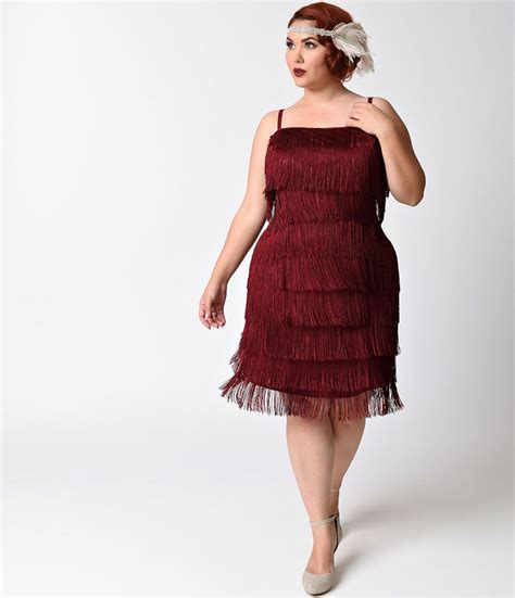 unique vintage plus size burgundy speakeasy tiered fringe flapper dress plus size flapper