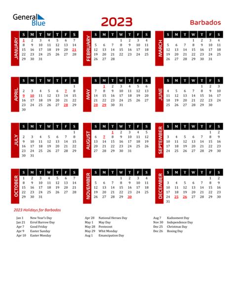 2023 Barbados Calendar With Holidays
