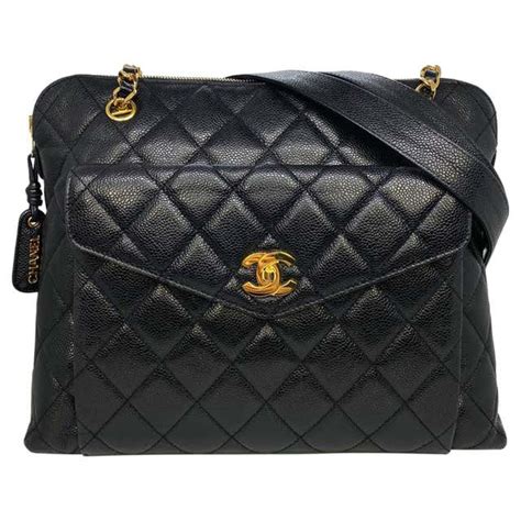 Chanel Vintage Black Quilted Caviar Leather Shoulder Bag With Gold