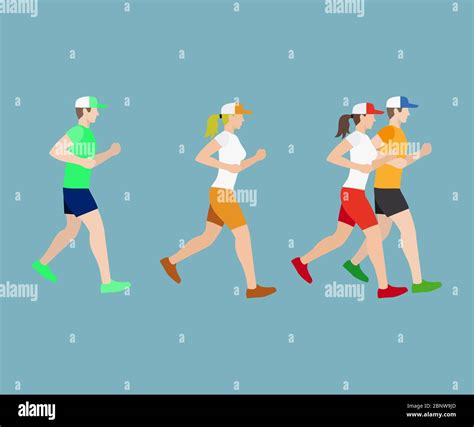 Run Man And Woman Flat Icons On Blue Background Vector Illustration