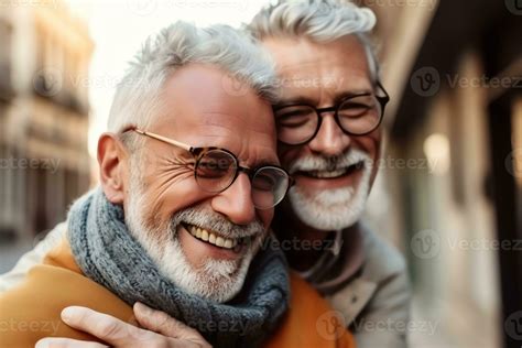 ai generative close up of elderly father and adult grownup son hug look in distance planning or