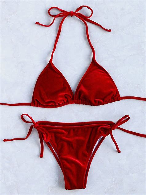 Shop Red Bow Tie Velvet Triangle Bikini Set Online Shein Offers Red