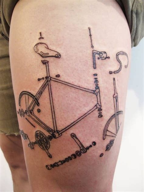 Very Nice Cycle In Parts Tattoo On Thigh Cycling Tattoo Bike Tattoos