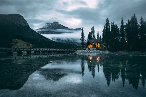 Wallpaper Landscape Mountains Lagoon House Forest Reflection
