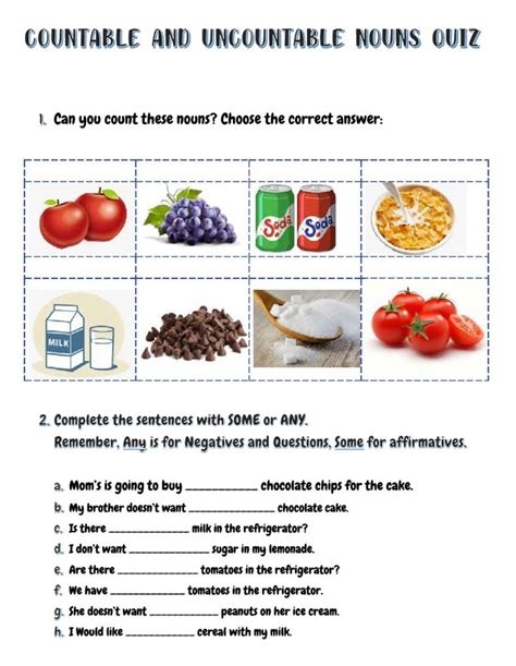 Countable And Uncountable Nouns Food Worksheet Food Vocabulary