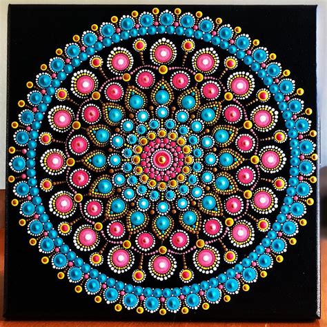Vibrant Dot Mandala On Black Stretched Canvas 10 X Etsy In 2020