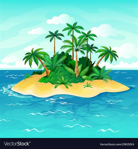 Ocean Island Cartoon Palm Trees Sea Uninhabited Vector Image
