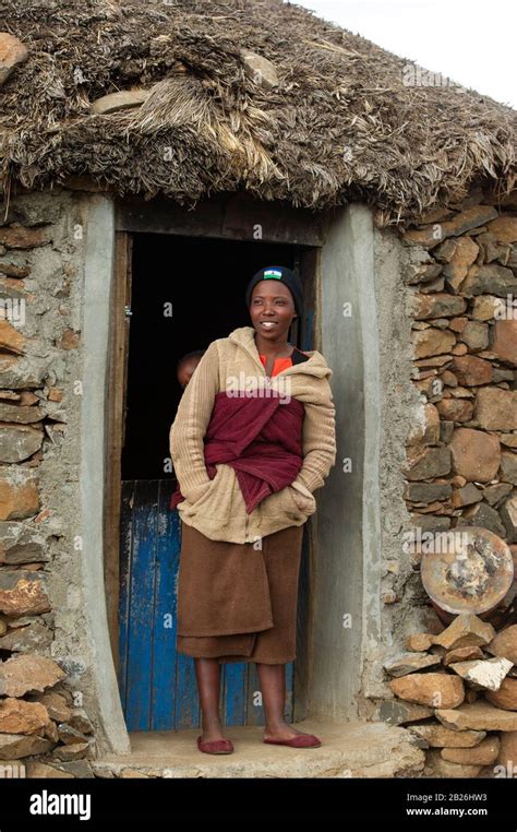 Woman Carrying Child At Her Hut Basotho Village Sani Top Lesotho