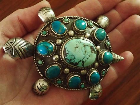 Sterling SIlver Turquoise Turtle Pendant Extra Large Wow Turtle
