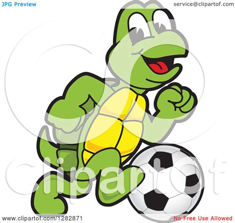 Clipart Of A Happy Turtle School Sports Mascot Character Playing Soccer