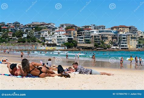 Woman Wearing Thong Or G String Bikini And Bondi Beach Panorama In