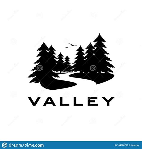 Black Pine Tree Silhouette River Valley Illustration Logo Design Stock