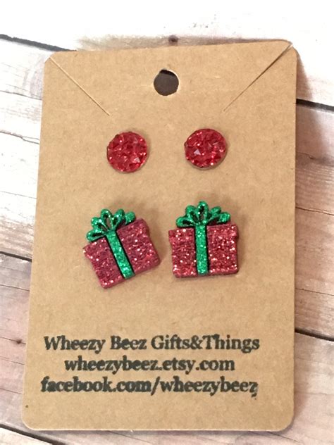 Christmas Present Earrings Set Red Sparkly Stud Christmas Etsy