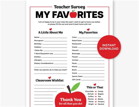 Teacher Favorites Survey Printable Teachers Favorite Things