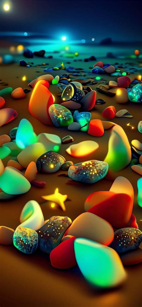 Many Different Colored Rocks And Stars On The Beach At Night With