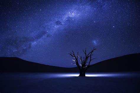 Milky Way Stars Night Trees Silhouette Glowing Hills Namibia Wallpaper