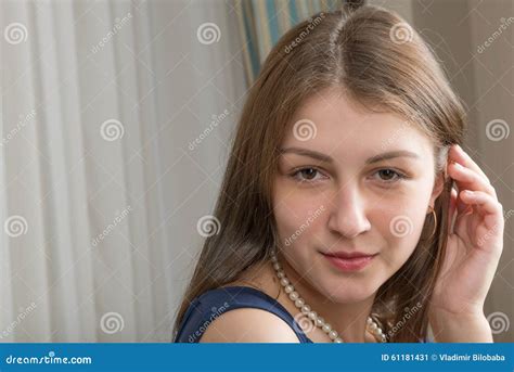 Portrait Of A Cute Girl In A Blue Dress Stock Image Image Of Young