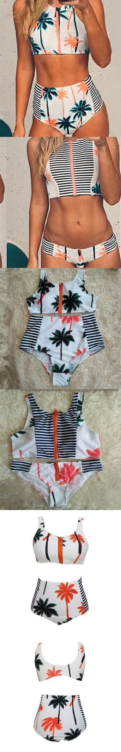 New 2016 Women Vintage Floral Palm Tree Print Bikini Sets High Neck