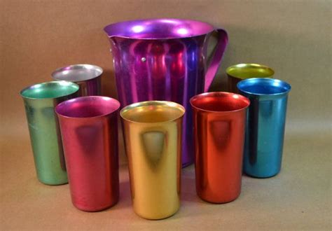 Aluminum Pitcher And Glasses Set Mid Century Anodized Drinking Glasses Jewel Tone Rainbow Mad