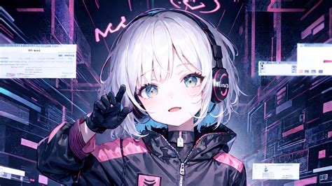 Anime Girl With Headphones Gesture White Hair Black Pink Dress Hd Anime