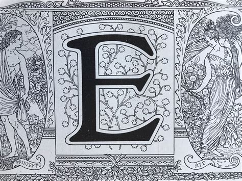 1923 Letter E Art Nouveau Original Antique Print Mounted And Matted