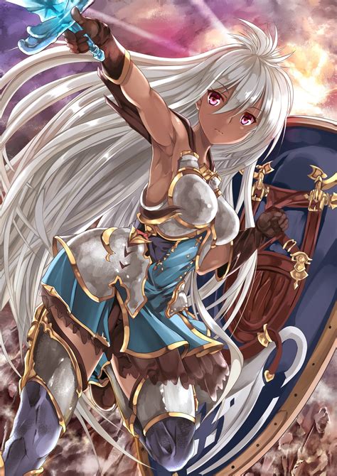 anime granblue fantasy long hair the order grande weapon armor anime girls white hair
