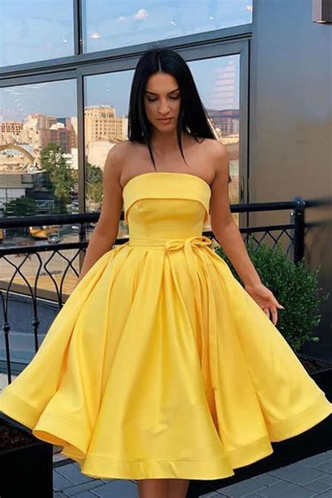2020 Simple Yellow Satin Short Prom Dress Yellow Homecoming Dress